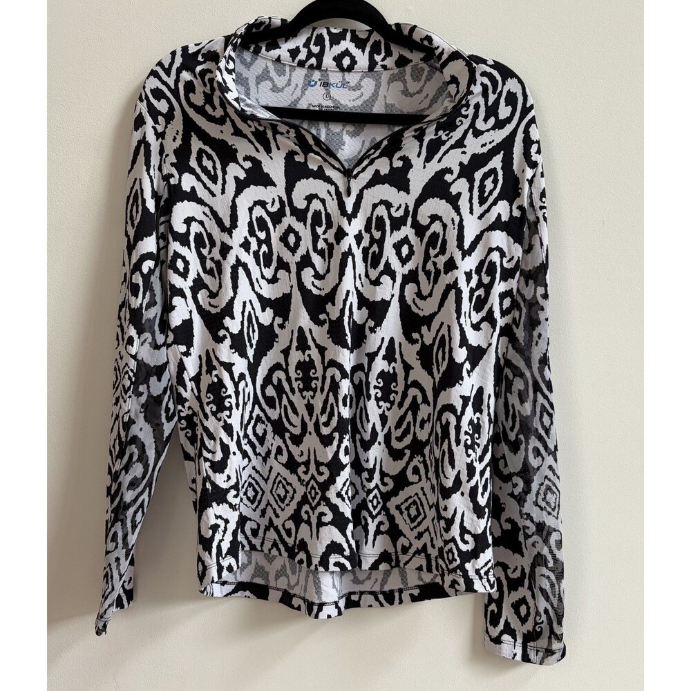 IBKUL Womens Size Large Top Long Sleeve Sun Shirt 1/4 Zip Black And White Mesh